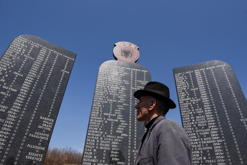 A monument showing the names of the Albanian victims killed during the Kosova War in the village of Izbica.  AFP PHOTO / ARMEND NIMANI